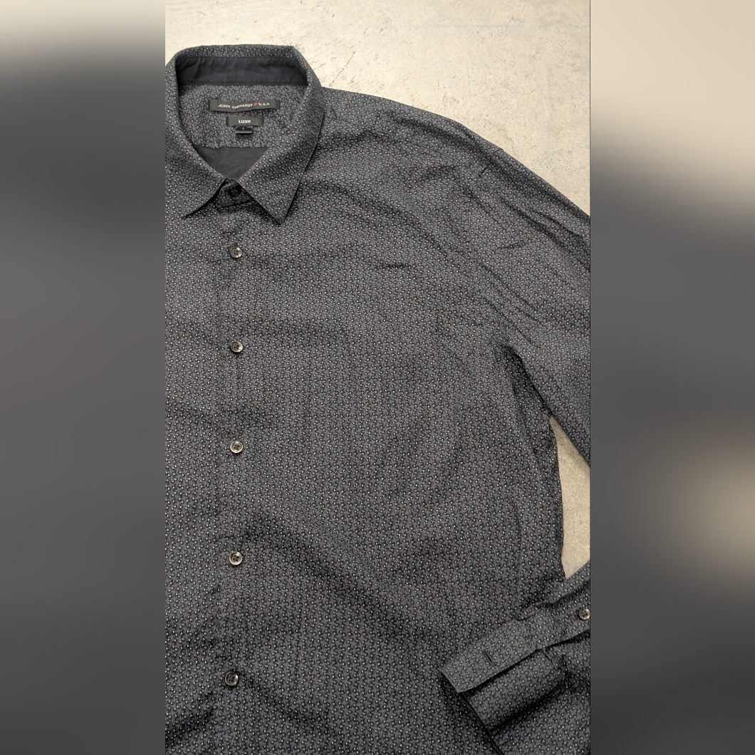 John Varvatos Charcoal Patterned Button Down Shirt, Large